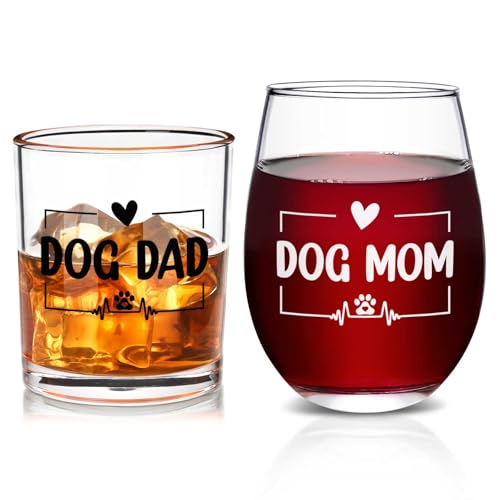 Futtumy Dog Mom Wine Glass and Dog Dad Whiskey Glass Set