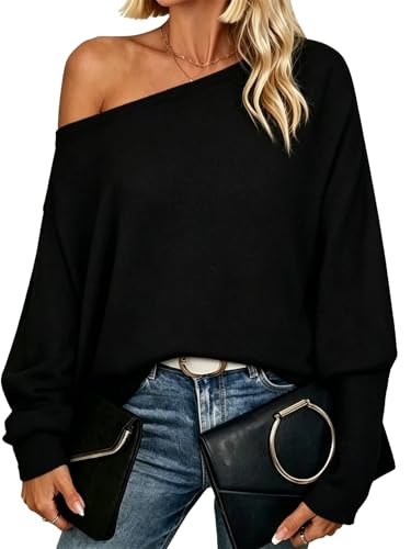 Image of Dressmine Womens Spring Thin Fluffy Off Shoulder Sweatshirts Long Sleeve Tops Knit Batwing Pullover Sweater Clothes