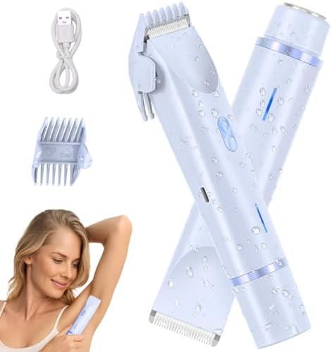 Bikini Trimmer for Women - 2-in-1 Waterproof Electric Dual Head Shaver, Painless Pubic Hair Trimming with IPX7 Waterproof, Dry Wet Use for Sensitive Skin, Underarm Legs (Blue)