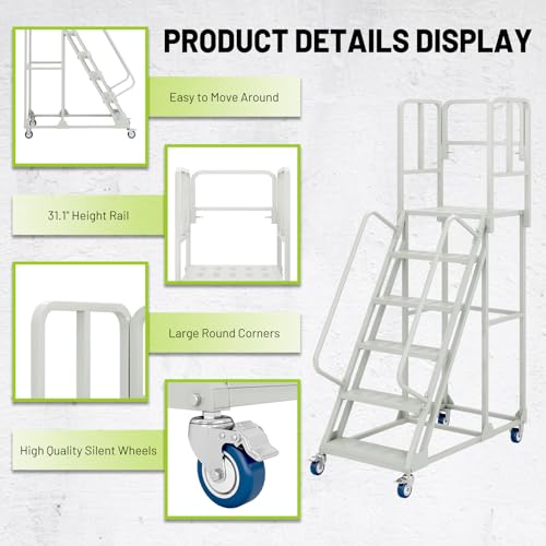 Image of 6-Step 24''Wx90''H Rolling Ladder with Dual Handrails, Lockable Wheels,1200LBS Capacity Industrial Warehouse Rolling Stairs, Heavy Duty Mobile Platform Ladder for Warehouse, Supermarket, Garage
