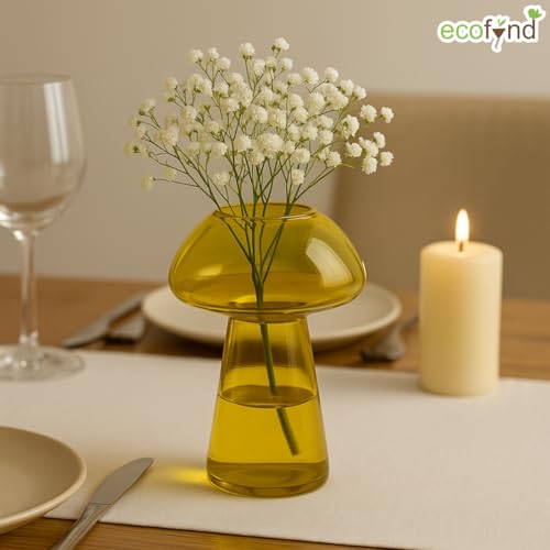 Image of ecofynd 5.5 Inches Glass Vase for Flowers Plants, Modern Decorative Vase for Home Decor Center Table, Bedroom, Living Room, Office Decoration, Wedding or Gifts, Luster Glass Vase, (GVASE015-YLW)