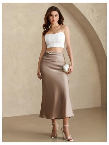 Women's High Waisted Satin Skirt Ruched Fishtail Elegant Business Casual Maxi Skirts4