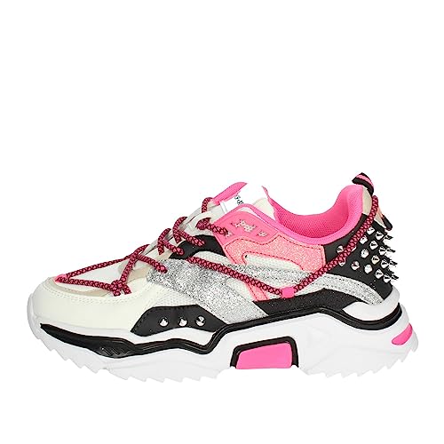 Shop Art scarpe sneakers donna, casual sportive, in ecopelle e tessuto bianco, nero e fucsia con borchie. Modello Chunky