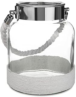 LIVIVO Stunning Vintage Glass Hurricane Candle Lantern Light Jar With Weaving Jute Rope  Perfect Indoor Outdoor Garden Decoration Living Room Home Office (White)