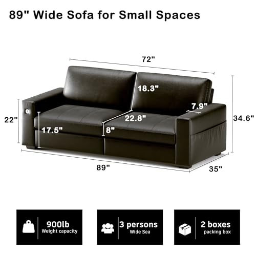 Image of Hanherry Faux Leather 89 inch Sofa for Living Room, Modern Comfy Couch with Medium Firm Seat Cushion, Removable Cover,Wide Armrest,USB /Type-C Port,Couches for Small Space,Apartment
