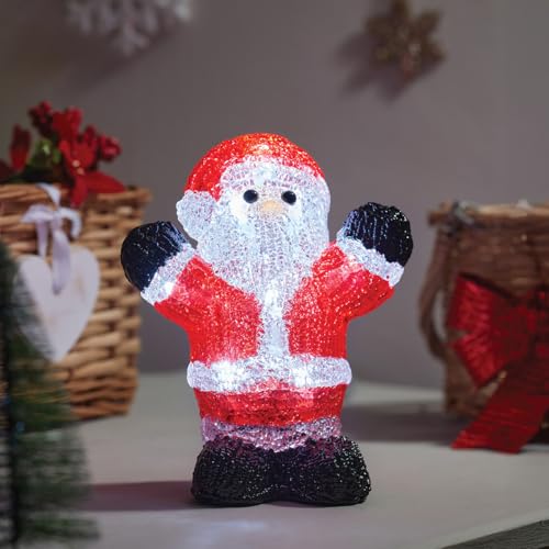 Festive Lights - 16cm Acrylic Santa Claus Christmas Indoor Figure Decoration - 12 Cool White LEDs, 6 Hour Timer, Battery Operated, IP20 Rated, Lightweight Design, Freestanding, No Cable Required