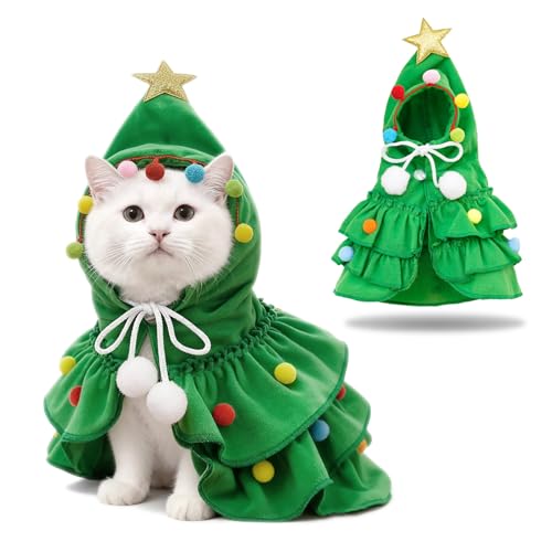 FOSDICK Cat Christmas Outfit, Cute Green Cat Cape Xmas Puppy Cloak with Star, Pet Christmas Costume for Small Dogs Cats Kitten Clothes Puppy New Year Party Supplies (M)