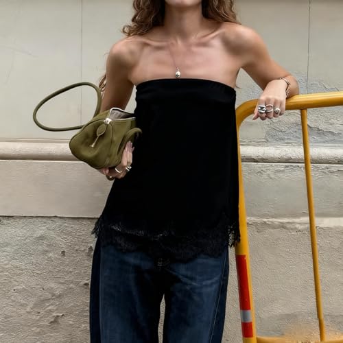 Women Y2K Lace Trim Satin Strapless Top Sleeveless Backless Loose Babydoll Tube Top Sexy Going Out Tops Streetwear Black by SOLILOQUY - Used condition - Image 3