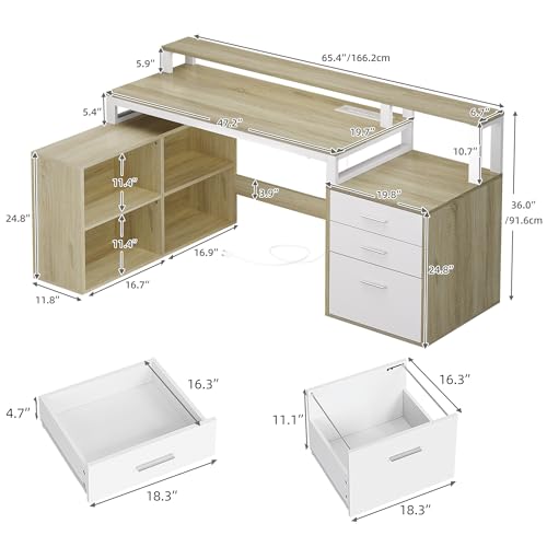 Image of DWVO L Shaped Desk with Drawers, 65 inch Computer Desk with Power Outlets & LED Lights, Corner Home Office Desk with Storage Shelves & Printer Stand, White & Oak