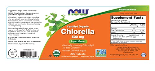 Now Foods - Chlorella Green Superfood Certified Organic 500 Mg. - 200 Tablets Pack Of 2. #TOP1