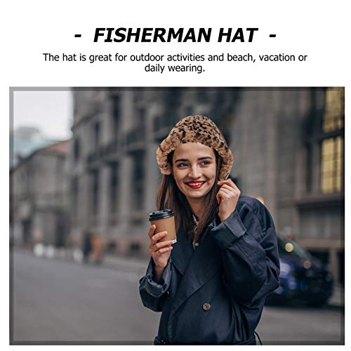 Amosfun Chapéu de Balde de Pelúcia Feminino Quente Leopardo Pescador Boné Inverno Falsa Chapéu de Ba