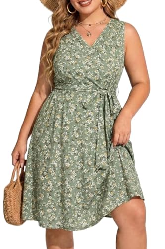 Image of Holipick Women's Plus Size Sleeveless V Neck Wrap Sundress Summer Casual Dress with Pockets