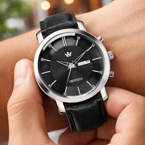 Image of CRESTELLO Brown /Green /Black Leather Strap Analog Wrist Watch with Day-Date Display for Men (Silver /Green /Brown /Black Dial) | CR-WT210