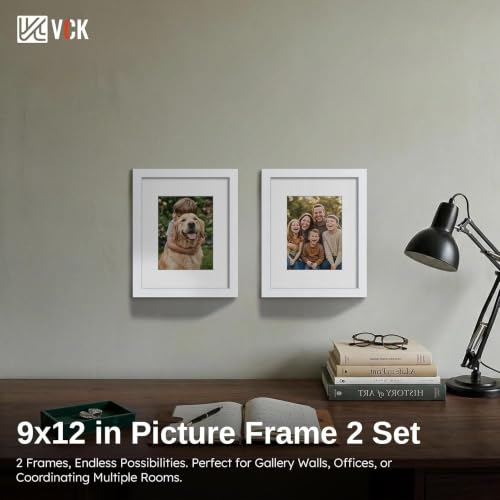 Image of VCK 9x12 Frame 2 Pack, White Wood, 6x8 Mat, Glass, for Picture, Photo