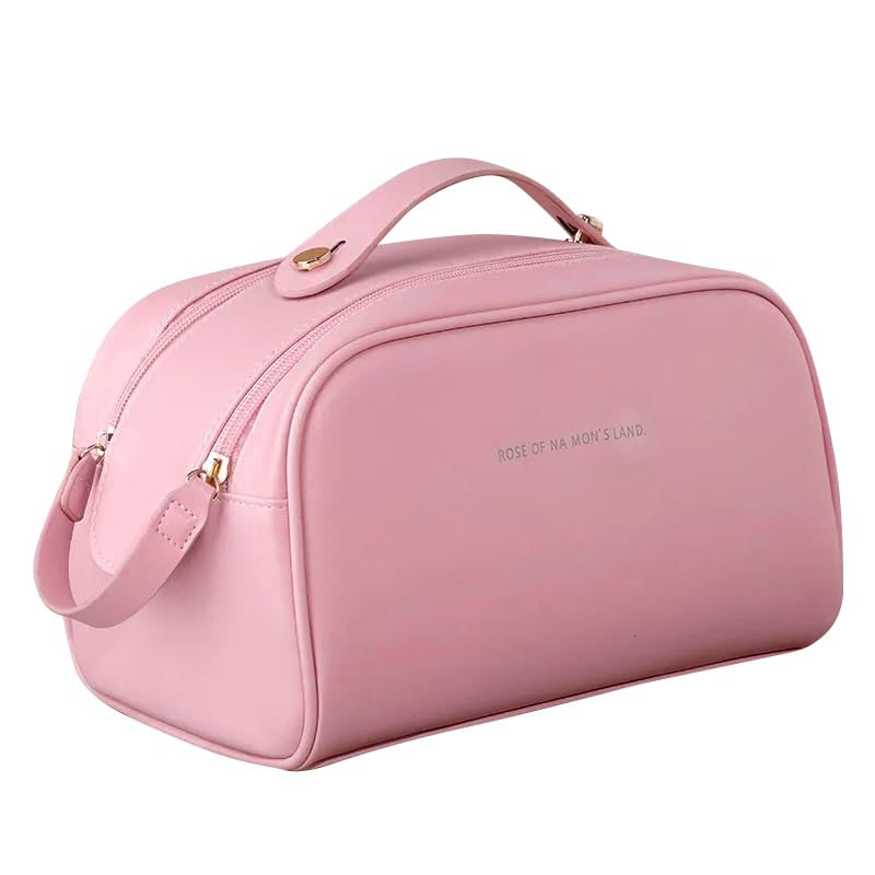 NFI essentials Cosmetic Travel Organizer Bag, Women's Makeup Pouch Toiletry Bag Portable Leather Wide Opening Cosmetics Bag with Handle and Dual Zipper