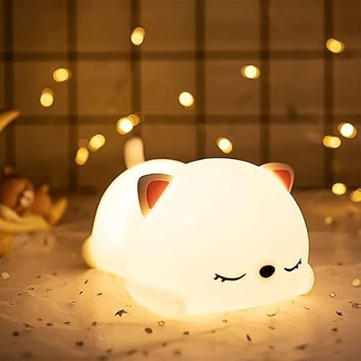 Image of One94Store Silicone Sleeping Cat Night Light - Touch-Control Color-Changing LED Lamp, USB Rechargeable, Multicolor Night Light for Kids, Romantic Decor, Valentine Day Gift, Love Gift for Her