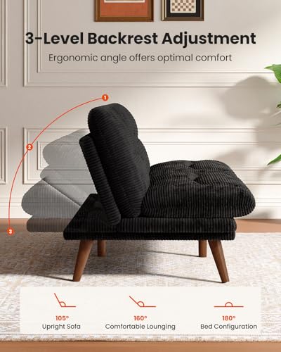 Image of Amada 66 inch Convertible Futon Sofa Bed, Corduroy Folding Futon Set with Adjustable Backrest &Armrests, Recliner Lounge for Living Room, Apartment or Office, Solid Wood Frame, Loveseat Sofa - Black