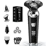 Electric Shaver Razor for Men: Wet/Dry Rotary Shaver with Upgraded Curved Razor Foil, Gentle on Sensitive Skin, 3-in-1 Cordless Shaver for Beard/Nose/Sideburns