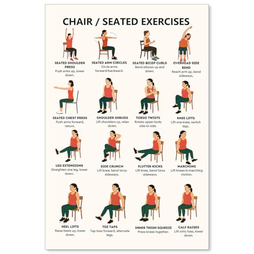 Chair Yoga Chart Exercise Poster Seated Exercises for Seniors and Beginners Canvas Wall Art Gym Yoga Room Living Room Bedroom Decor 12x18 Inch Unframed Laminated Gentle Seated Exercise Charts Print