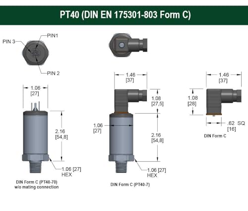 High Accuracy Fixed Range Pressure Transmitter, 0 to 5000 psi Gauge, ±0.25% of Span, Non-linearity BFSL, 0 Vdc to 10 Vdc, 3-Wire, 7/16-20 Male SAE J514 FIG 34B (Non-Adjustable), DIN Form C