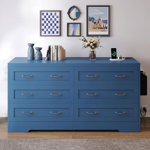 GOOBED Farmhouse 6 Drawer Dresser for Bedroom, TV Stand with Large Drawers & Bar Handles, Storage with Power Outlets, Rustic Wood Chest of Drawers, Blue