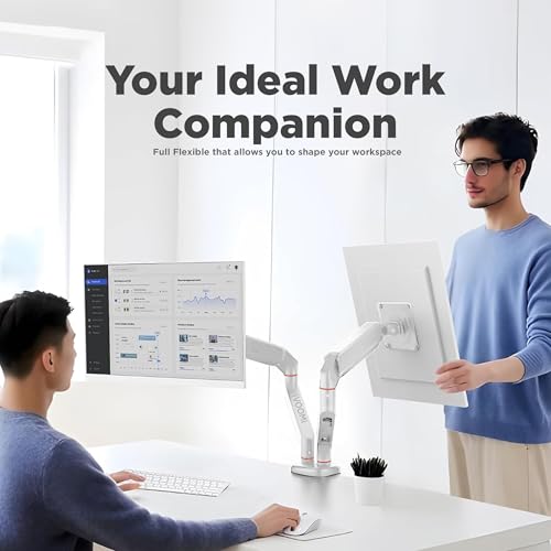 Image of iVOOMi Power X2 White Dual Monitor Stand for Desk with 100 x 100mm VESA Mount, Adjustable Gas Spring Monitor arm with Grommet Mounting Base for 15-34'' 2-20 kgs Screens, 1 Year Warranty