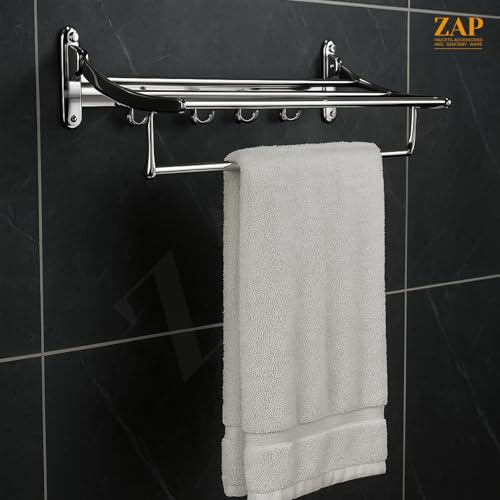 Image of ZAP Stainless Steel Deluxe Bathroom Combo of 3 Set Folding Towel Rack / 3 in1 Multi Bathroom Shelf /Napkin Ring