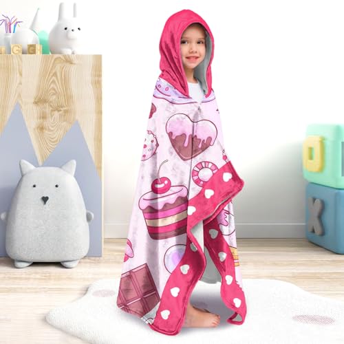 Image of Doughnut Girls Beach Towel with Hoodie for Kids Toddlers Age 4-8, Pink Blue Bath Towels Shower Wrap for Girls, Hooded Poncho Beach Blanket for Pool Swimming Cute Wearable Bath Towel for Child