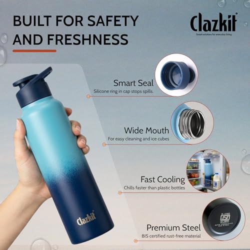 Image of Clazkit Dual Colored Stainless Steel Water Bottle |ISI Certified Leakproof,Durable for School Kids, Fridge, Sports, Gym, Yoga & Office - Easy to Clean & Reusable-1000ml -Set of 6 - Blue