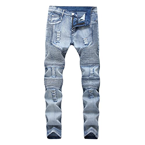 Maiyifu-GJ Men's Destroyed Ripped Stretch Jeans Distressed Multi Pockets Biker Denim Pants Slim Zipper Moto Jean Trousers