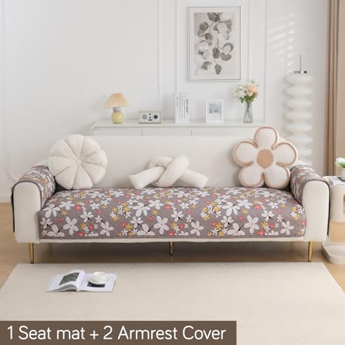 Image of HOKIPO 'HomeHues Series' Printed Quilted Sofa Seat Mat for 2 Seater Sofa with 2 Armrest Covers with Pockets, Pastel Brown Sandwort Flower (IN-807-D1 + IN-814-D1*2)