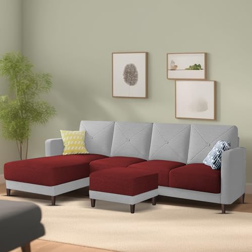 Image of Baloney LHS 6 Seater L Shape Sofa Set with Center Table for Living Room (Maroon Grey Fabric) Premium Fabric Sofa