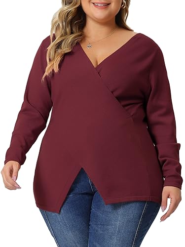 Image of Agnes Orinda Plus Size Knit Tops for Women Wrap V Neck Criss Cross Long Sleeve Asymmetrical Sweater