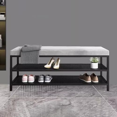 Banc à chaussures en velours gris avec rangement et structure métal noir