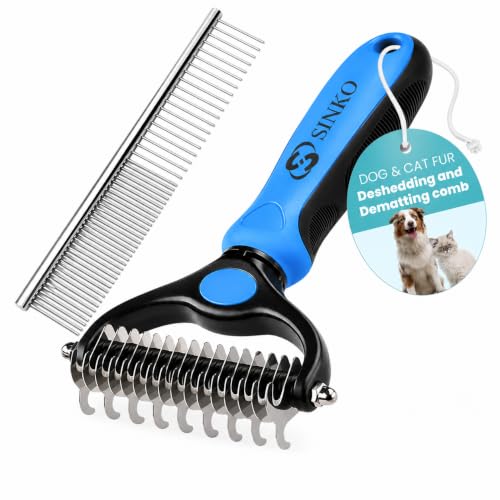 Image of Sinko Shedding Brush for Dog and Cat, Undercoat Rake & Comb with Extra-Wide Double-Sided Stainless Steel Teeth for Deshedding, Brushing, Removing Loose Fur, Knots, Mats & Tangles in Pets (Blue)