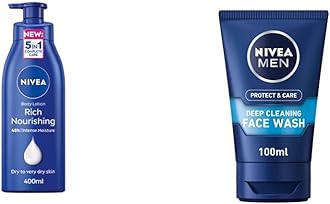 NIVEA Rich Nourishing Body Lotion (400ml), 48hr Replenishing Body Lotion, Intensive Moisturising Cream with Almond Oil, Creamy Hydrating Formula & MEN Deep Cleaning Face Wash Protect & Care (100 ml)