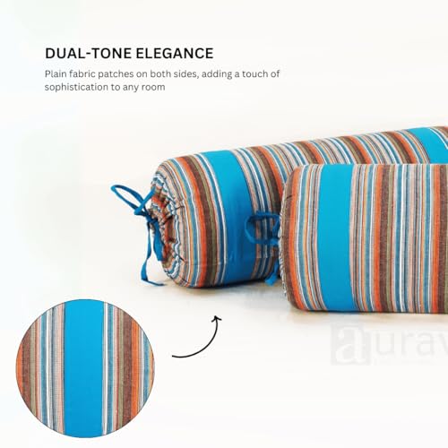 Image of AURAVE Woven Cotton 144 TC Bolster Cover with Drawstring Closure, Set of 2, Soft Breathable Durable Machine Washable for Sofa Bed & Home Decor, 15 inchx30 inch, Blue | Cover Only