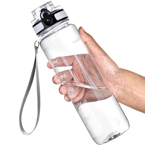 OLDLEY Water Bottle, 32oz Motivational Sports Water Bottle with Time Marker – Times to Drink – Tritan, BPA Free, Wide Mouth Leakproof, Clear (1 Bottle)
