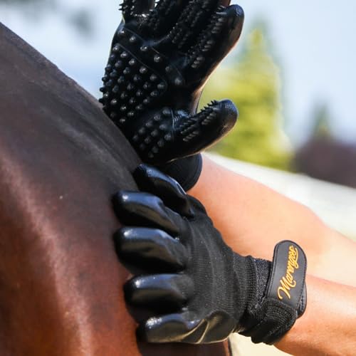 Marengos - Putz- & Pflegehandschuhe – Fellpflegehandschuh mit weichen Noppen - Fellwechselhelfer für die Pferdepflege – Handschuh zum Striegeln – Pferdezubehör in schwarz – Einheitsgröße