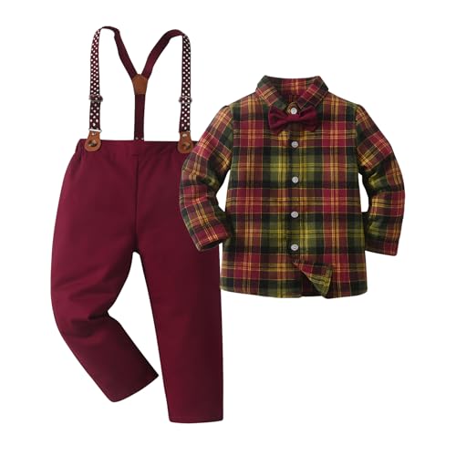 Image of Boarnseorl Baby Boys Pants Sets, Infant Long Sleeve Shirt + Pants + Bow Tie + Suspenders Outfits