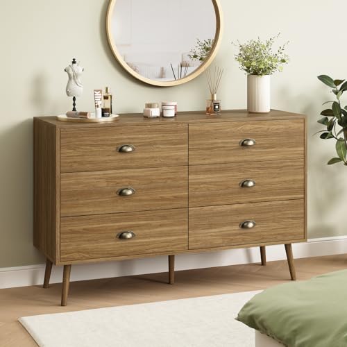 Image of Oak 6 Drawer Dresser for Bedroom, 47 inch Wood Dresser with Gold Handles.