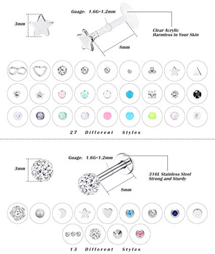 FIBO STEEL 16G Forward Helix Monroe Labret Lip Nose Studs for Men Women Stainless Steel&Clear Plastic Tragus Cartilage Stud Earrings Medusa Piercings Jewelry 40 Pieces4