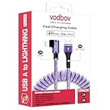 VODBOV Coiled Lightning Cable, [2ft-8ft] USB A to Lightning Cable Fast Charging, Purple Braided Spring Cable with Right Angle Connector, Compatible with iPhone 14/13/12/11/X/8/7/6/Pro/Max/AirPods