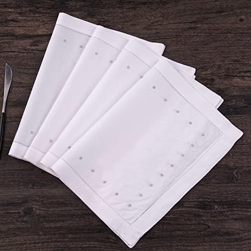 MingHing Linen Placemats, 13 x 19 Inch White Placemats Set of 4 Handmade Linen Hemstitch Placemats with Embroidered Blue Dot for Dining Table Mother Day Wedding Party