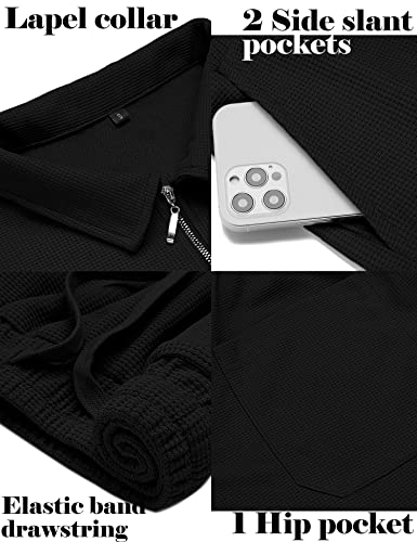 Babioboa Men's Sweatsuit Short Sleeve Polo Suit Summer Zipper Golf Short Sets Comfy Waffle Casual Sets For Men(Black,Xl) #TOP4