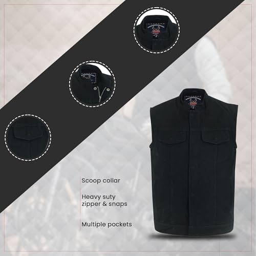 Hugger Men’s Black Denim Motorcycle Vests Bikers Club Vest with Concealed Carry Pockets & Hidden Zipper3