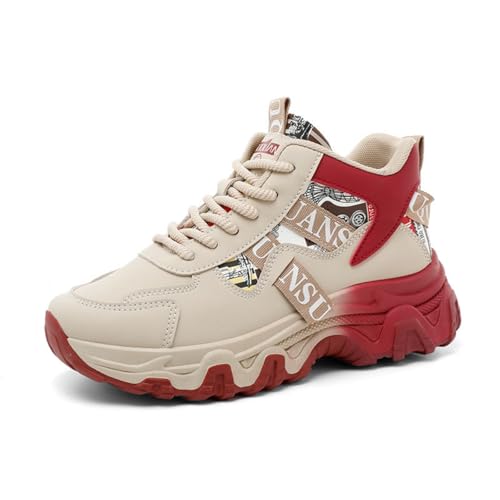 Women's Chunky Platform Sneakers 2025 Fashion Breathable Casual Shoes with Leather Accents, Retro Thick Sole & Cushioned Comfort