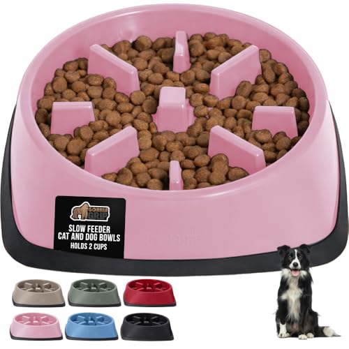 GORILLA GRIP® Patented BPA Free Slow Feeder Dog Bowls, Interactive Puzzle Toy for Dogs and Cats Food Training Enrichment, Keeps Pets Busy and Prevents Puppy Overeating, All Breeds, 2 Cup, Pink