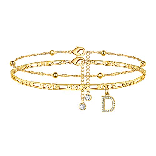 Ursteel Ankle Bracelets for Women, D Initial Anklet 14K Gold Plated Dainty Adjustable Layered Chain with CZ Letter D Initial Anklets Set Summer Jewelry Gifts Anklets for Women
