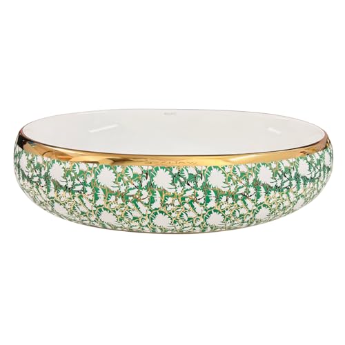 Image of Wallace Designer Oval Table Top Wash Basin 60x40x15 cm | Green & White Floral Ceramic Countertop Vessel Sink with Gold Rim | Luxury Above Counter Bathroom Vanity Basin